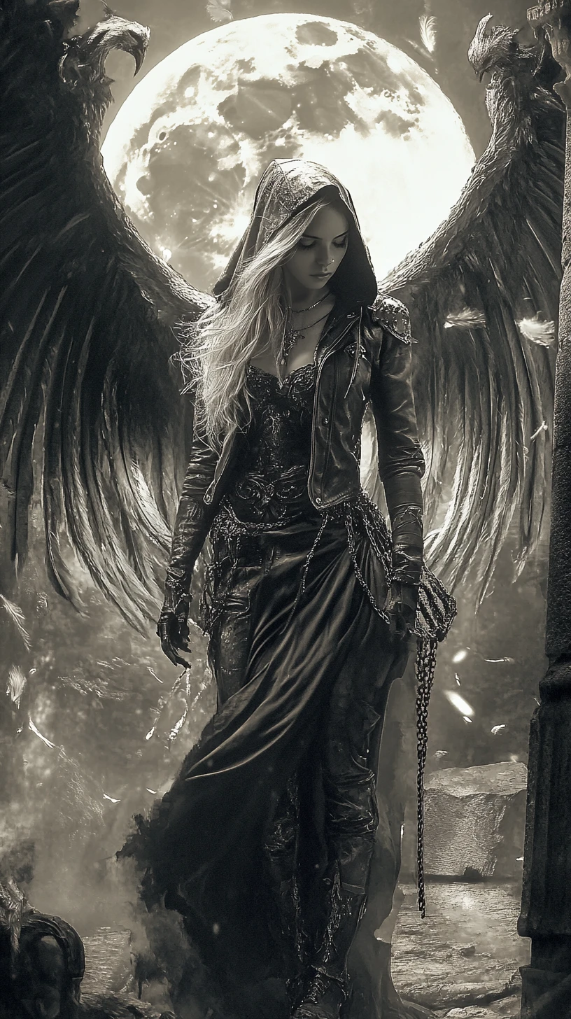 Fallen gothic angel woman before ancient crumbling stone pillars