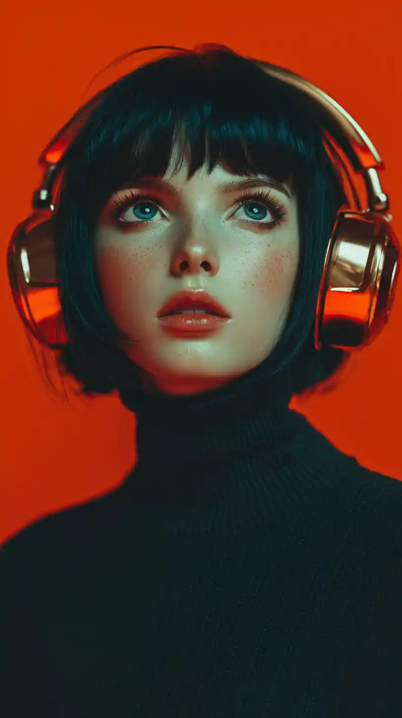 Young woman in headphones against vivid orange background
