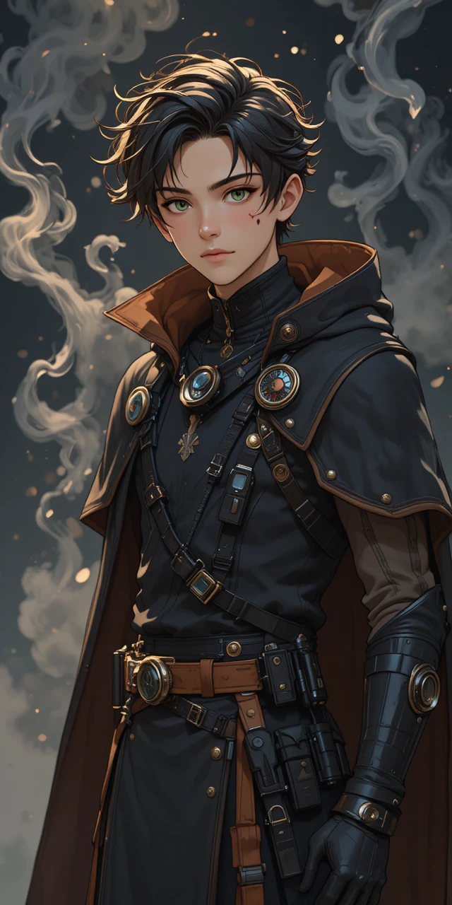 Cunning young anime rogue with green eyes and dark hair