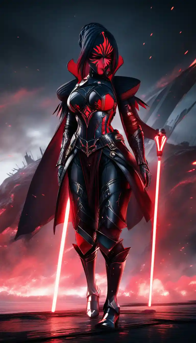 Armored warrior woman with red energy sword in 3D style