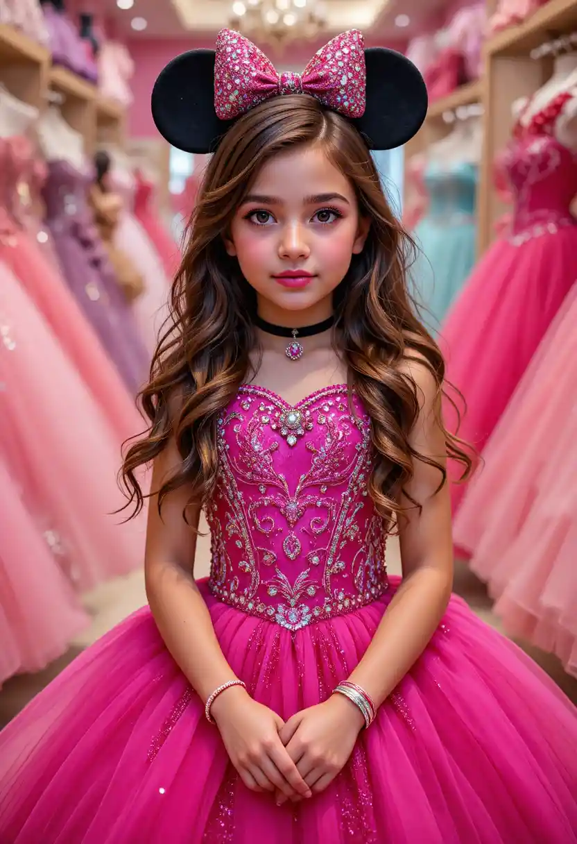 Young girl in pink Minnie dress in a Disney shop
