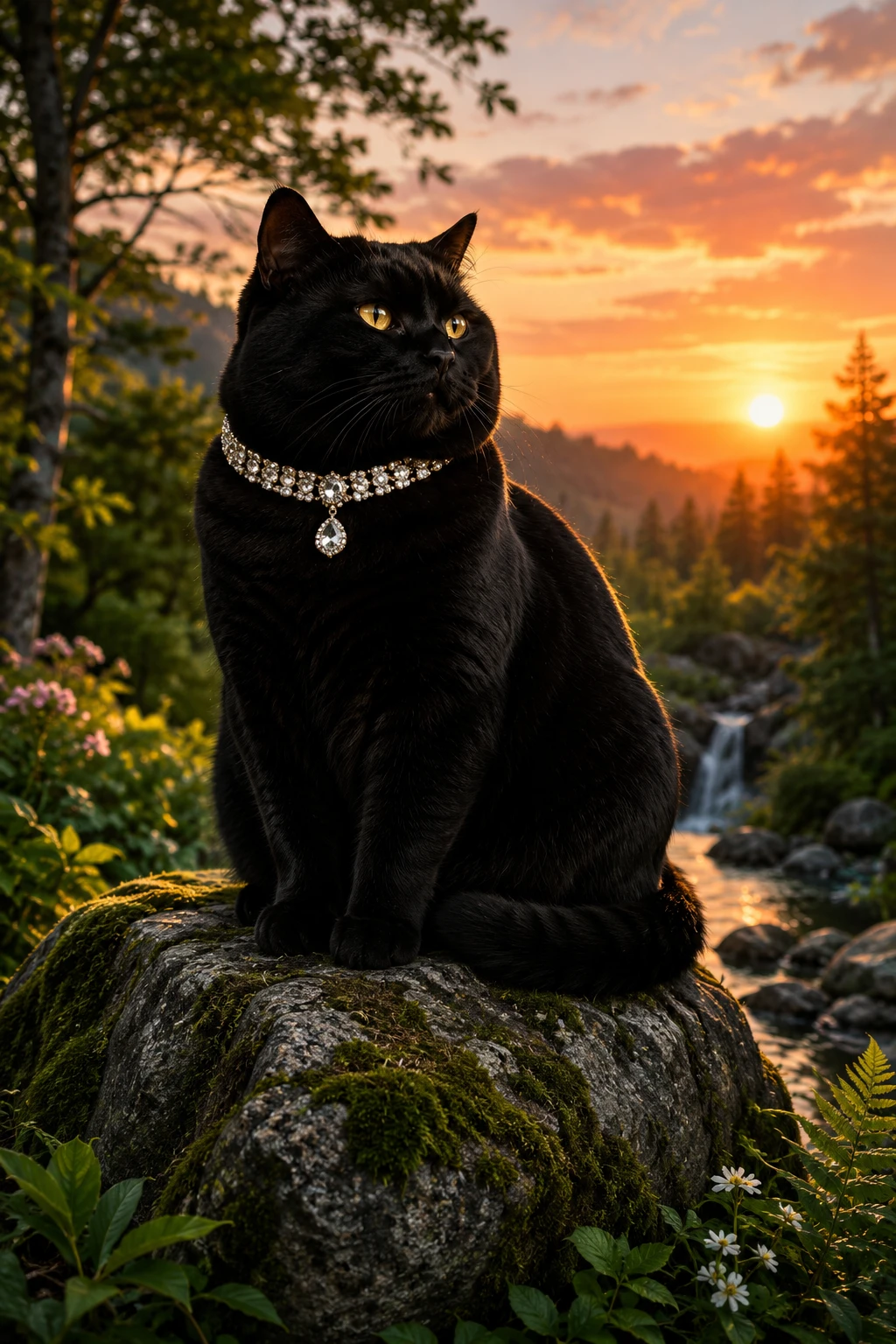 Regal black cat on mossy rock in forest at sunset