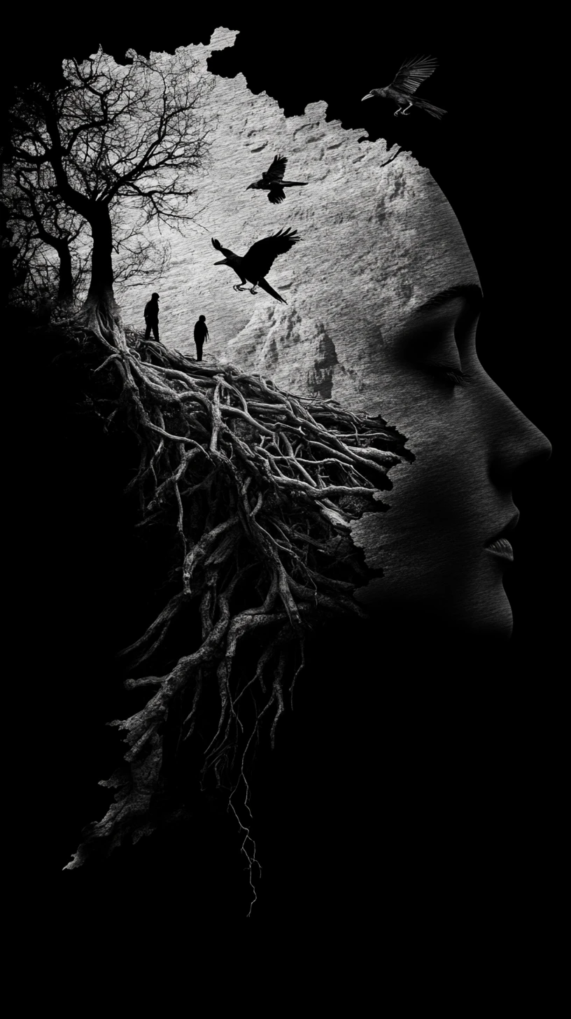 Human profile silhouette filled with collapsing organic forms