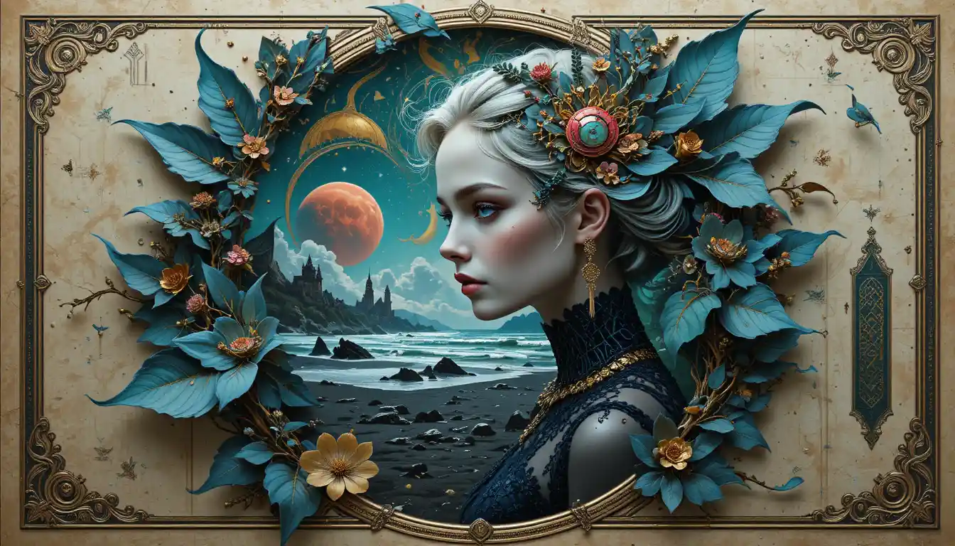Surreal woman portrait with abstract leaves and gold details