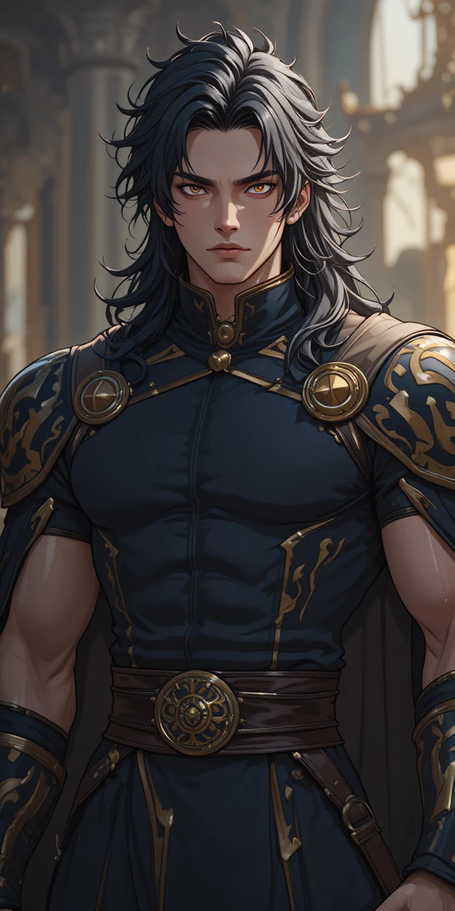 Muscular anime warrior with golden eyes and dark cape