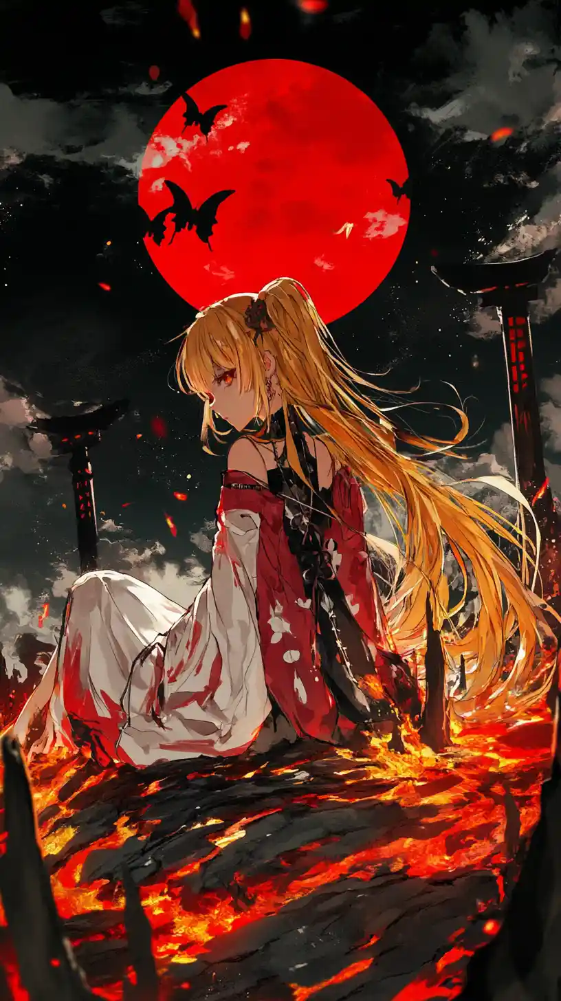 Anime girl in elaborate red and gold halloween outfit