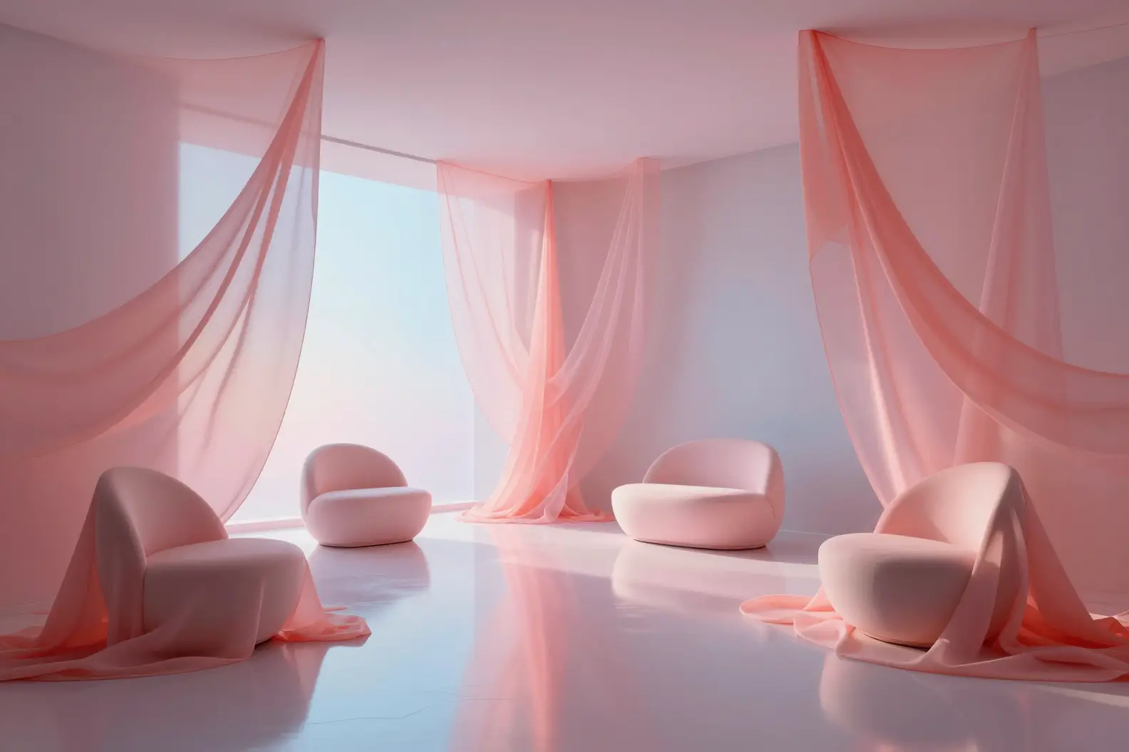 Surreal modern interior with flowing pink fabrics and soft light