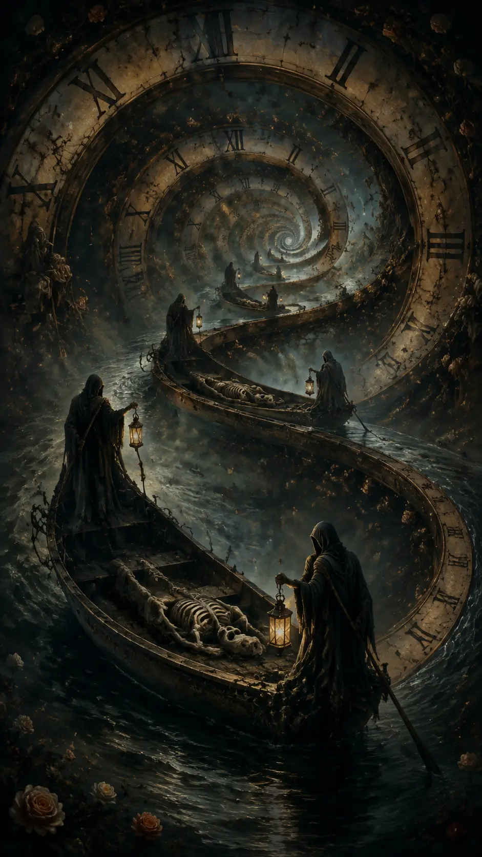 Skeletal boat circling a looping river through clock rings