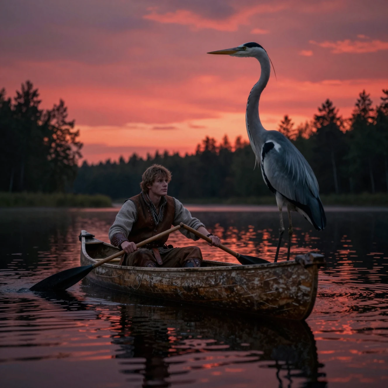 Heron Watching A Canoe On A Dark Fantasy Lake At Sunset