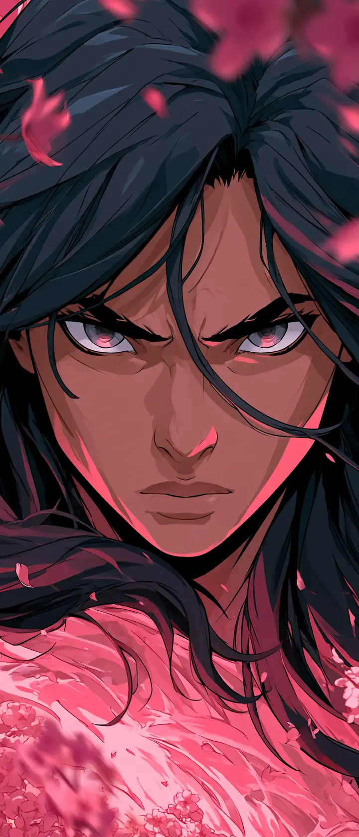 Fierce anime warrior woman with swirling cherry blossoms