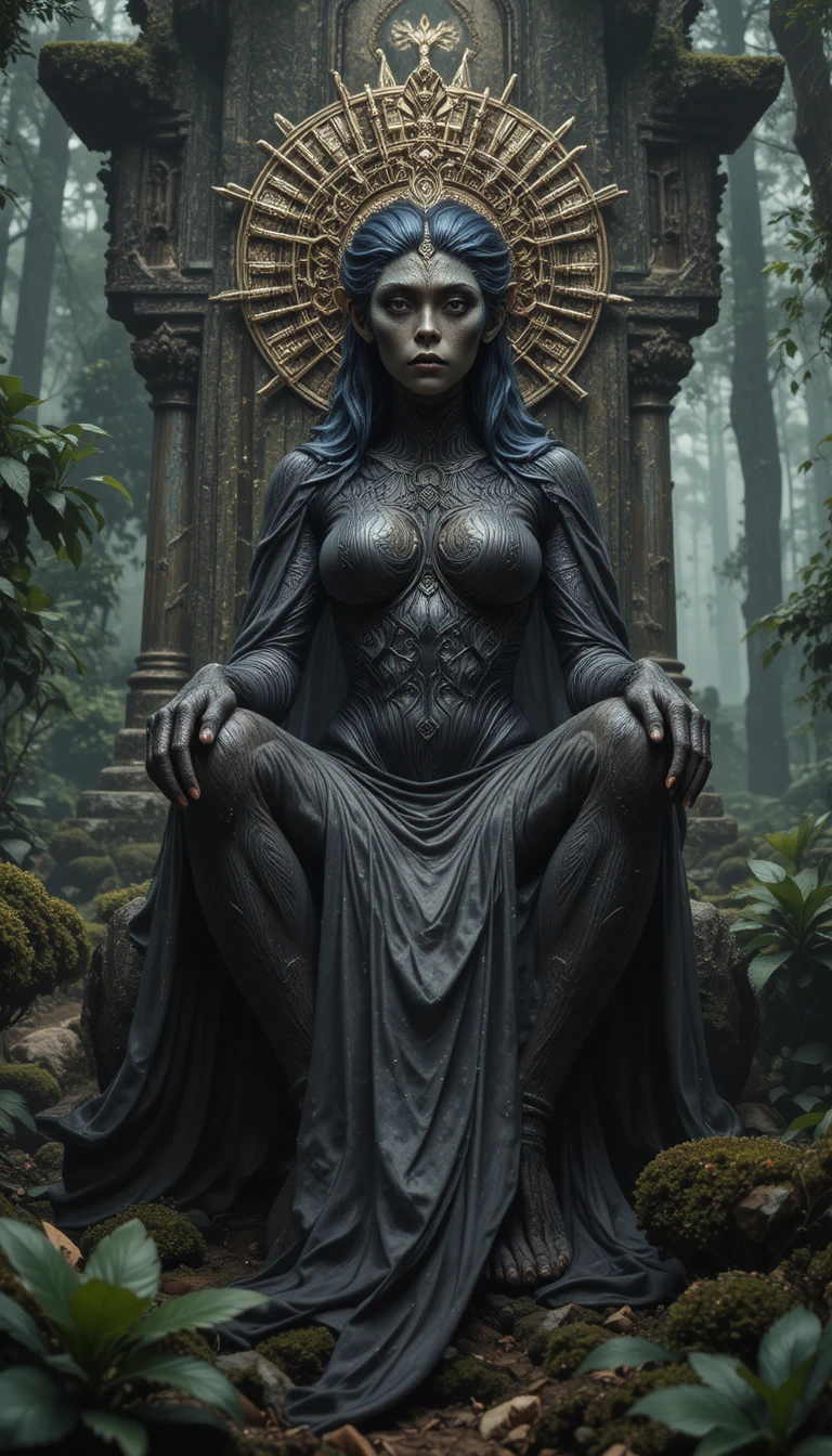 Divine ape human guardian seated above a misty forest
