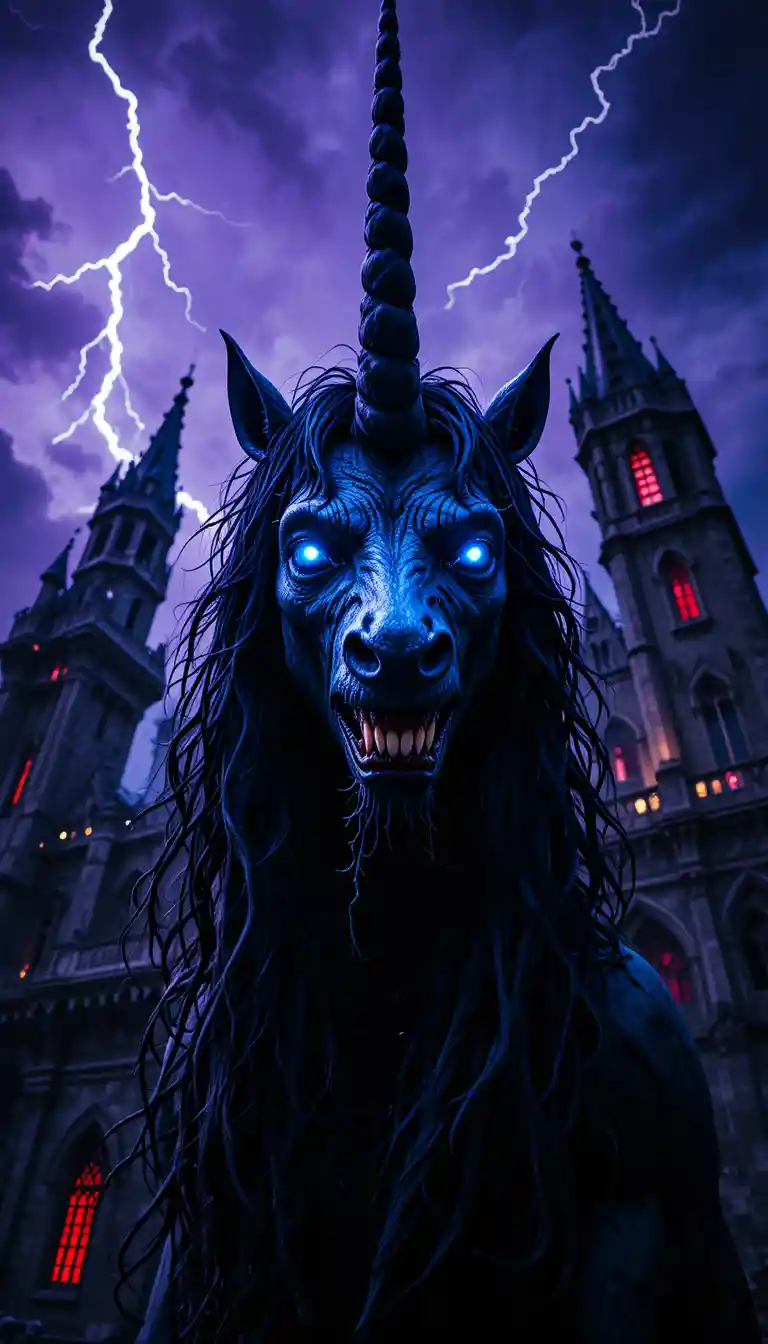 Unicornio demoníaco frente a un castillo gótico bajo un cielo tormentoso