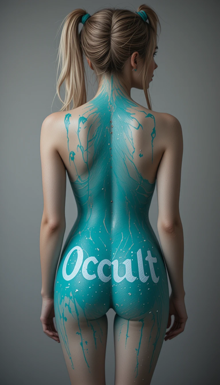 Woman in turquoise shorts with occult text from behind