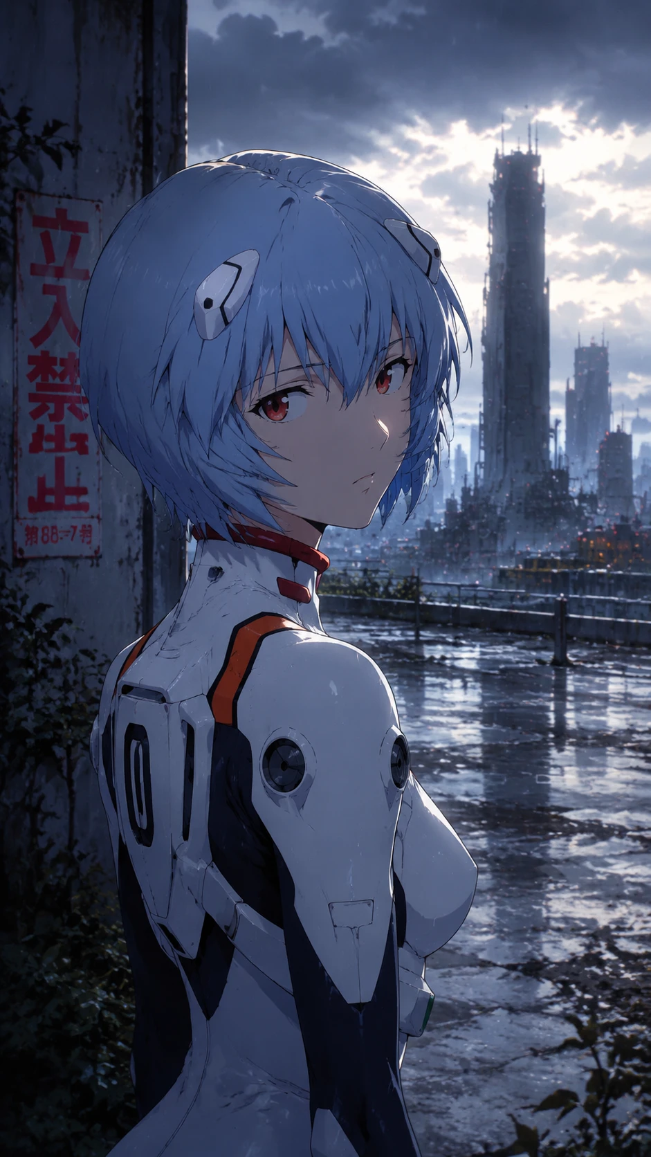 Anime girl standing on a rainy street with dramatic light