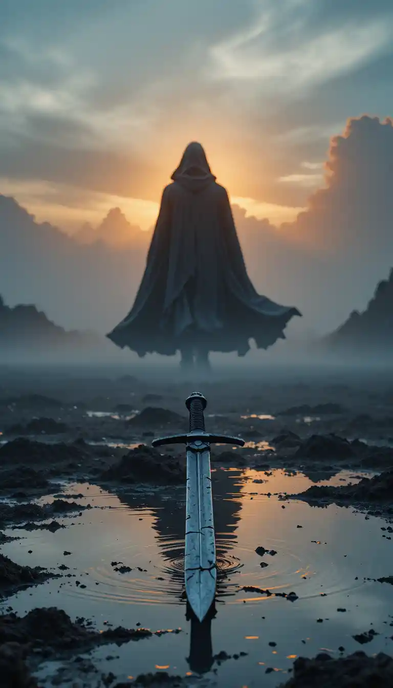 Cracked sword in foggy puddle at sunset with cloaked figure