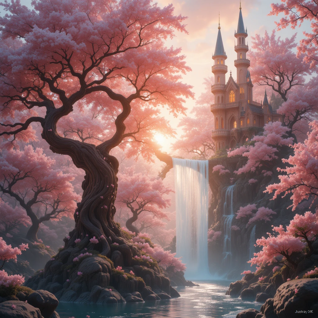 Fantasy cherry blossom tree fused with fairytale castle