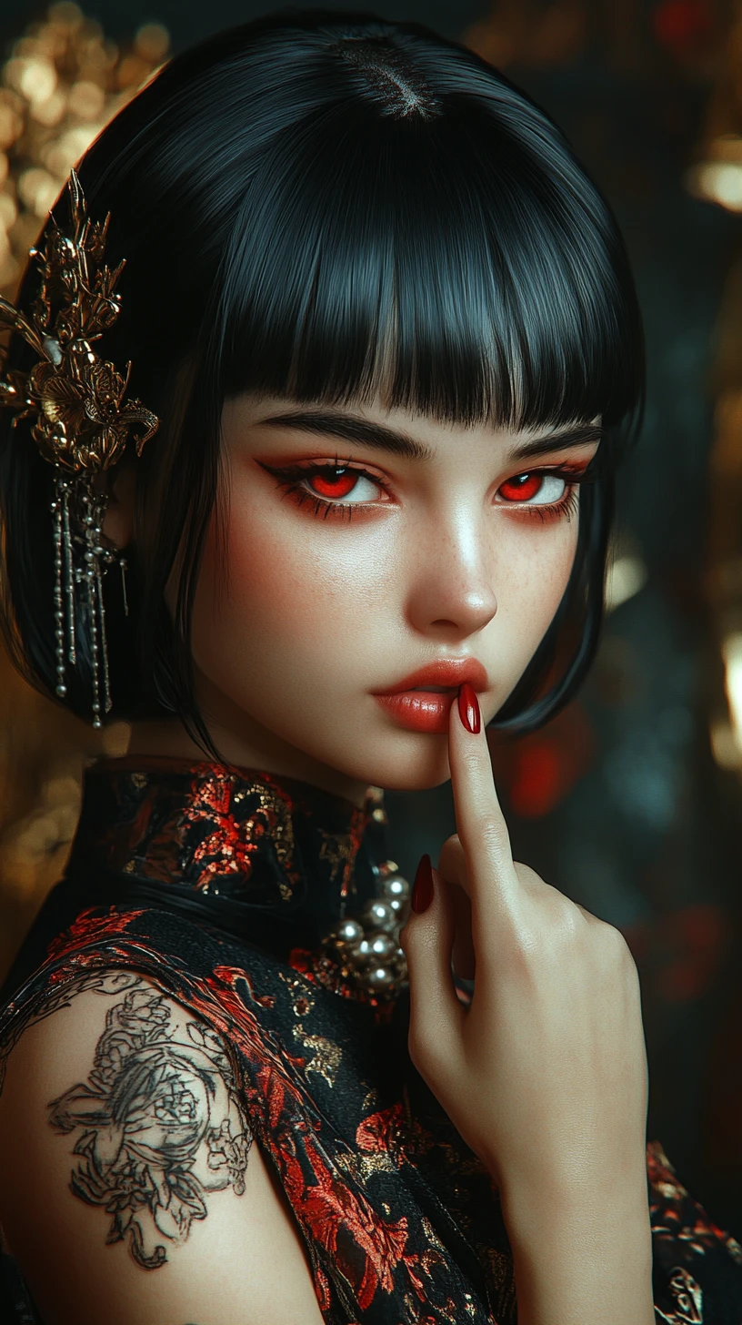 Misteriosa mujer de anime con elegante atuendo negro y rojo