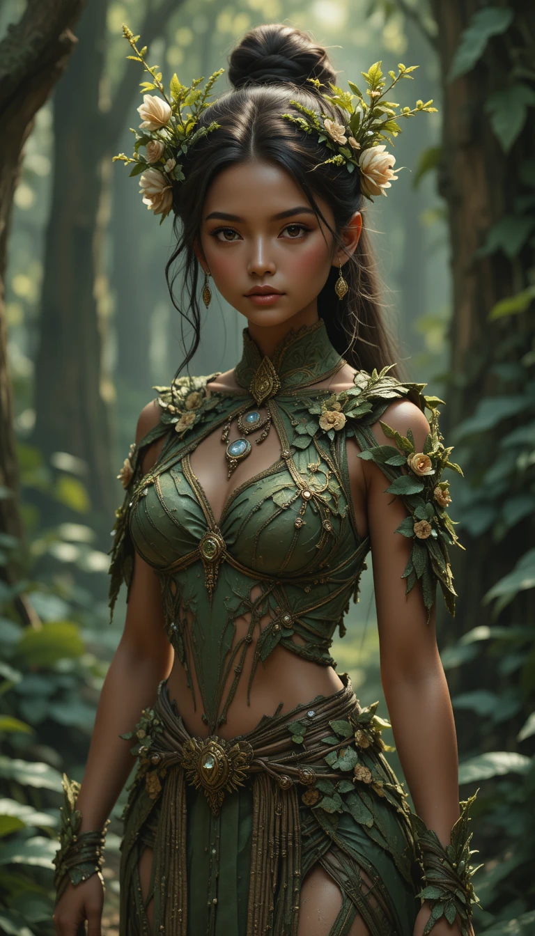 Forest princess with green hair in natural woven attire