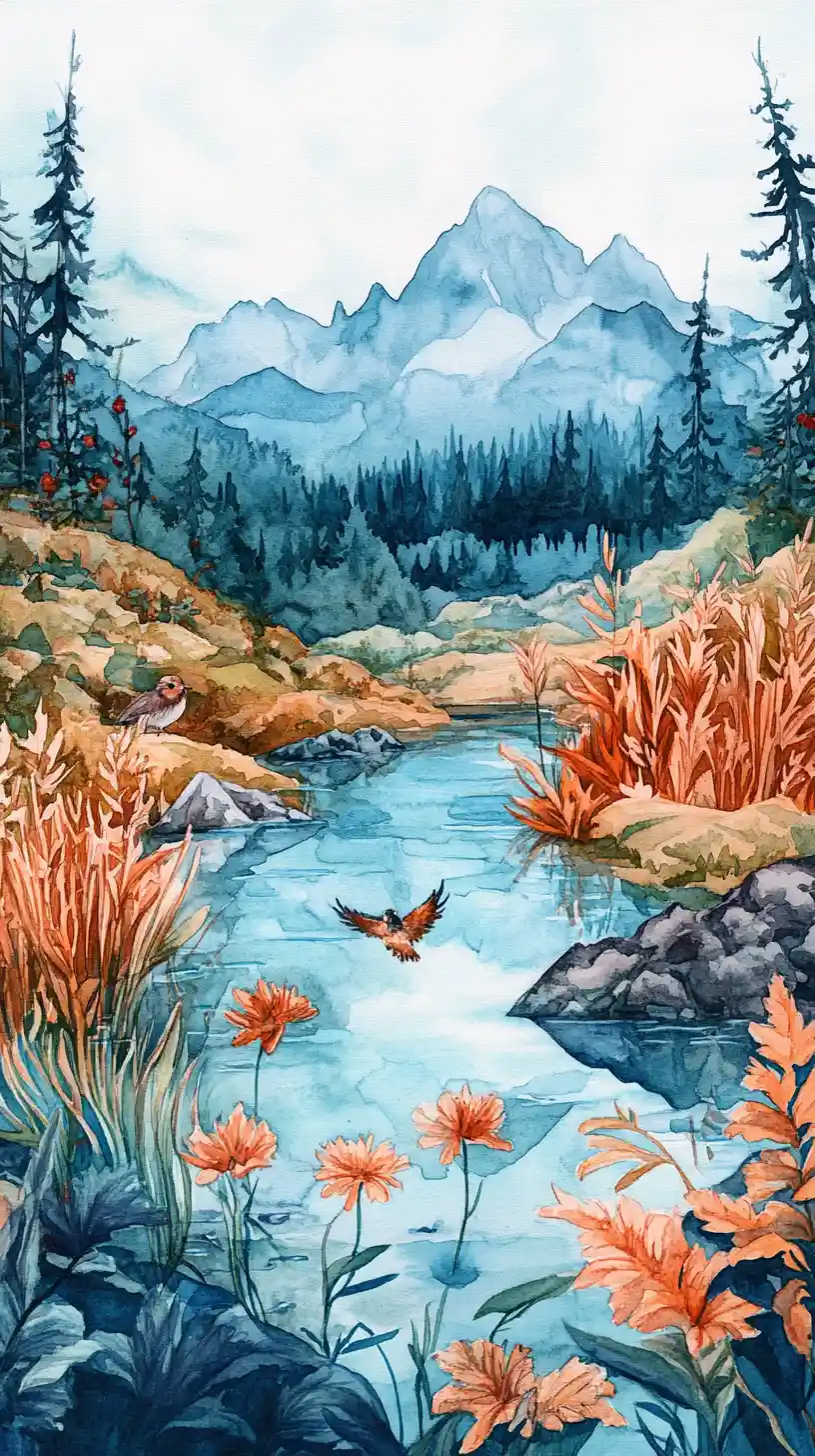 Watercolor mountain landscape with stream reeds and marmot