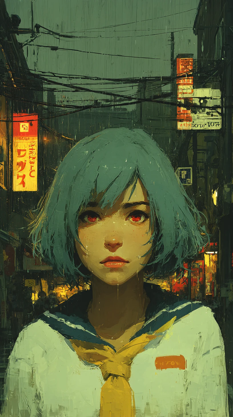 Melancholic anime girl on a rainy city street at dusk