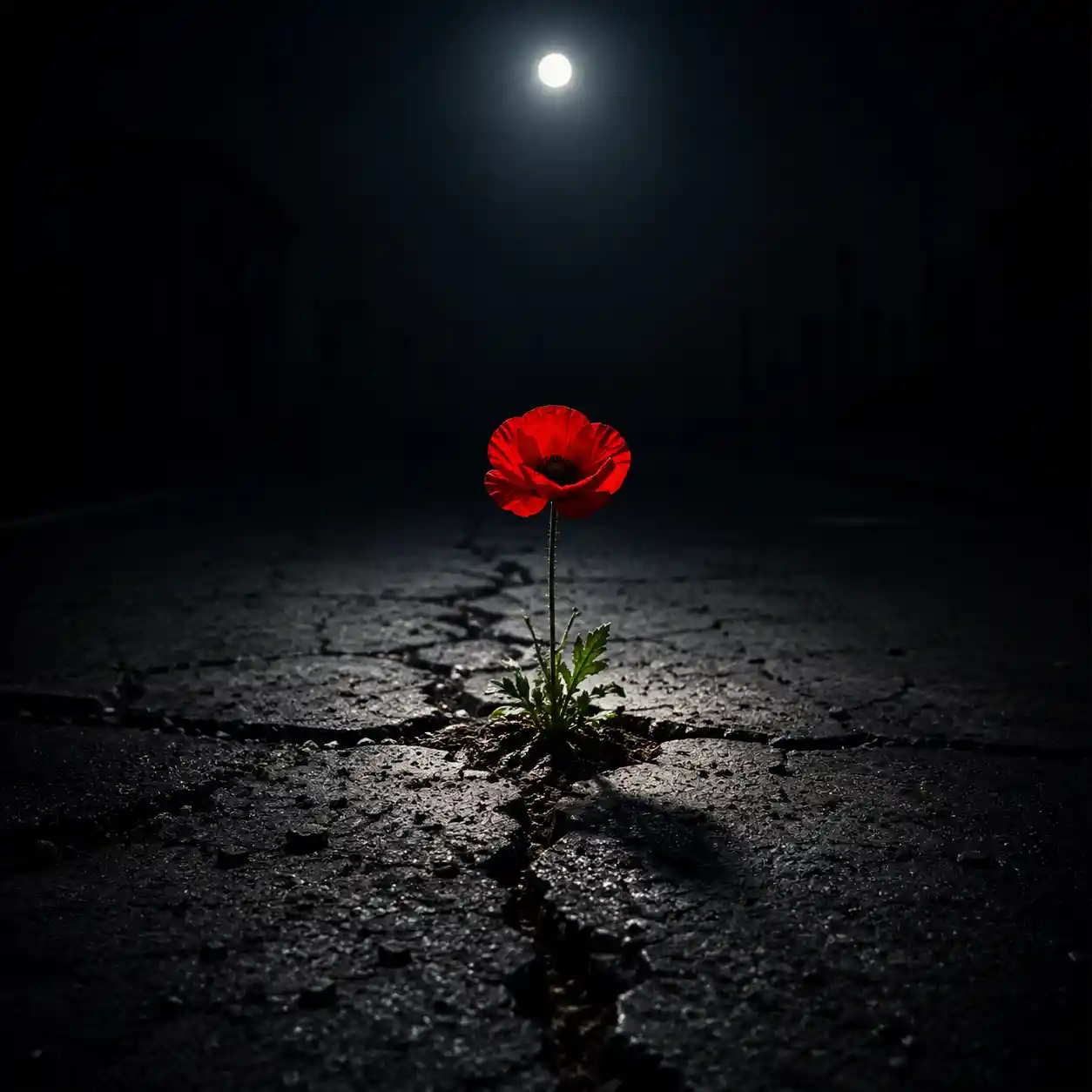 Red poppy illuminated on a cracked moonlit asphalt road