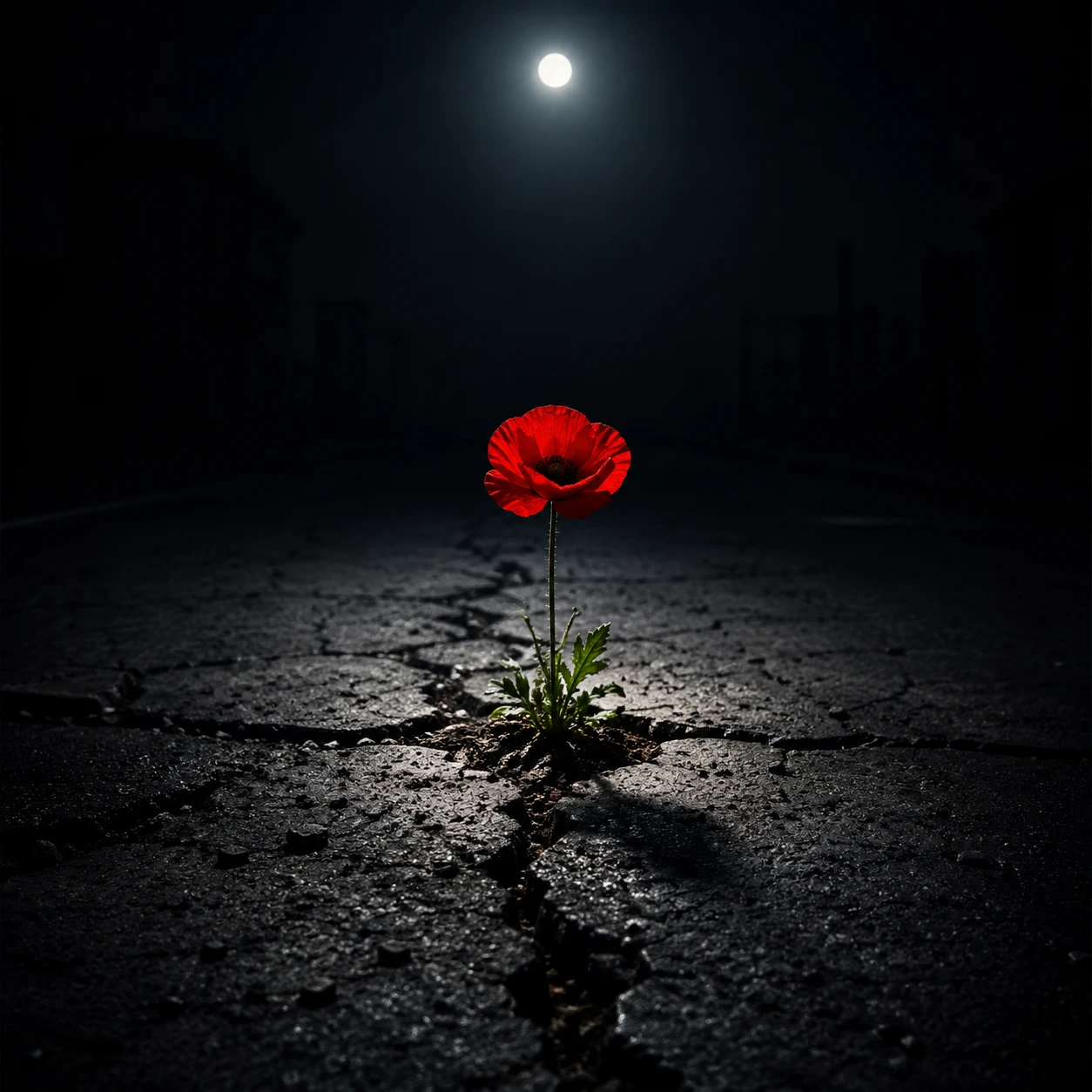 Red poppy illuminated on a cracked moonlit asphalt road