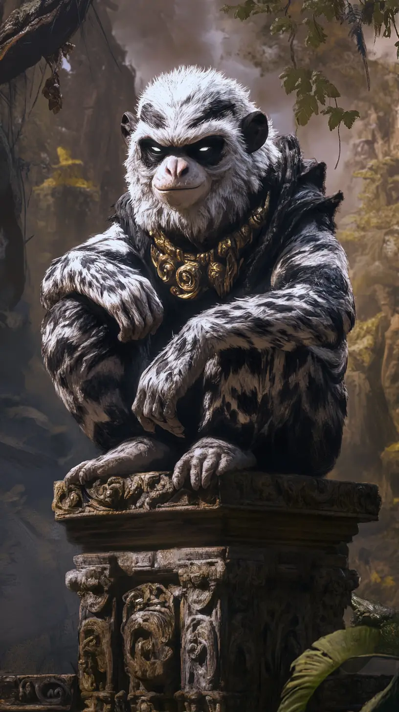 Divine ape human guardian seated above ancient forest