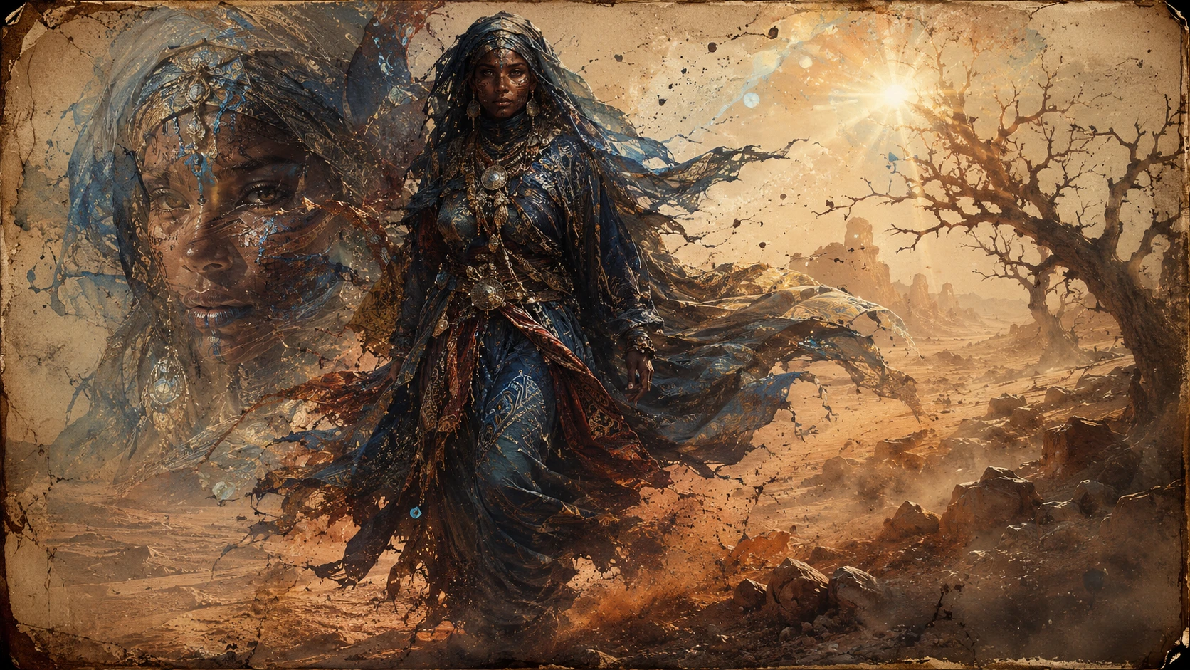 Nomadic woman in blue robes walking through desert storm