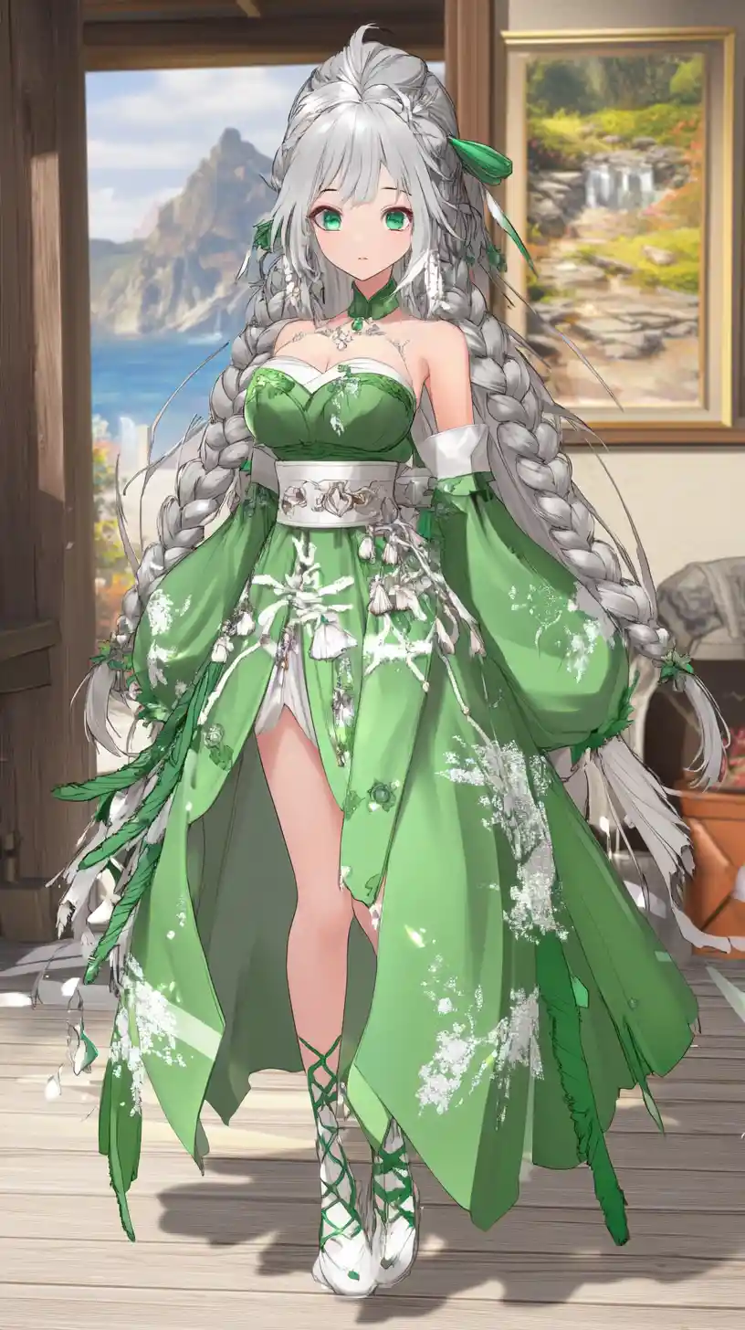 Anime girl in green snowflake dress with flowing white belt