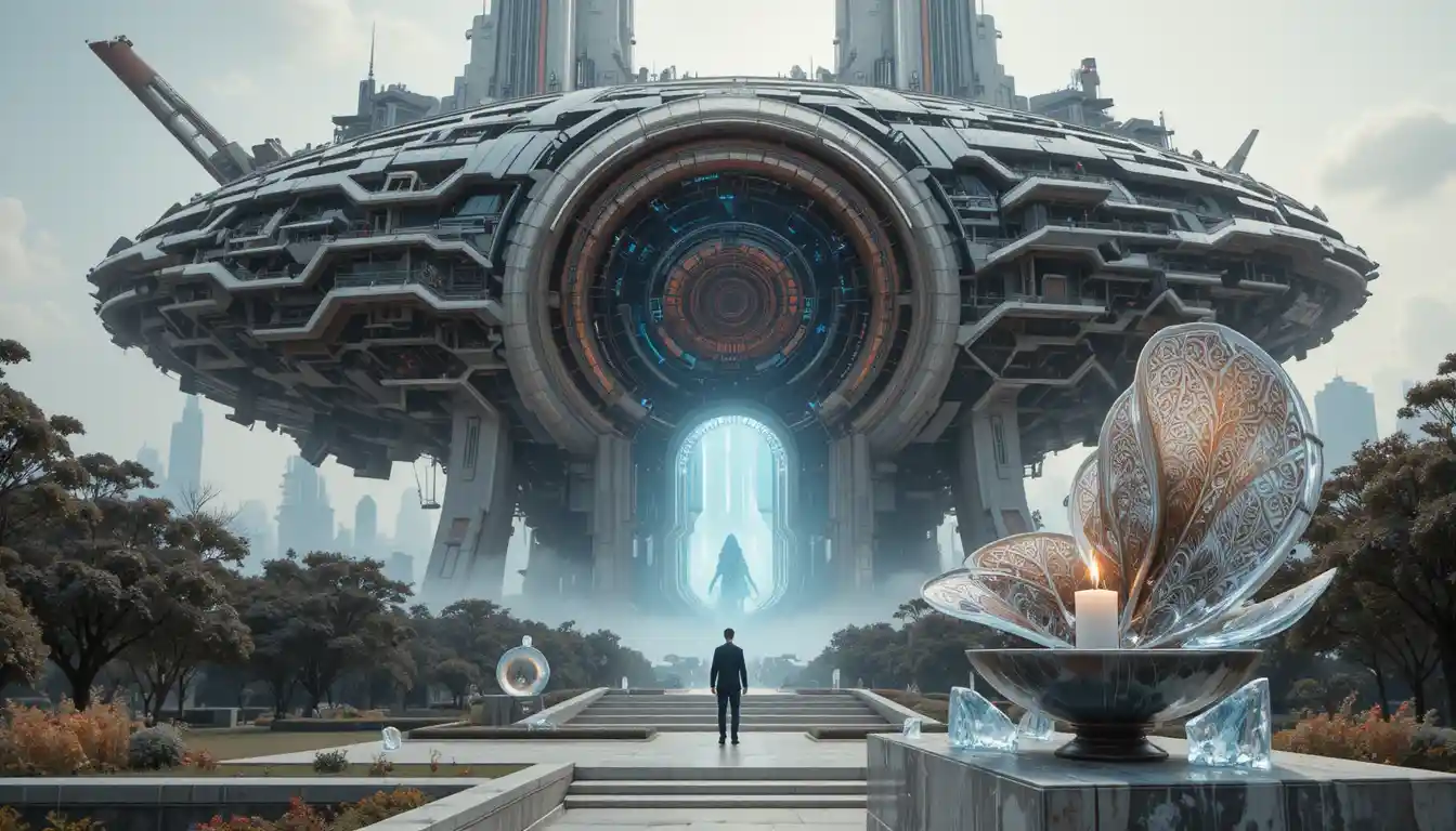 Enormous Futuristic Spaceship City Above A Cloudy Horizon