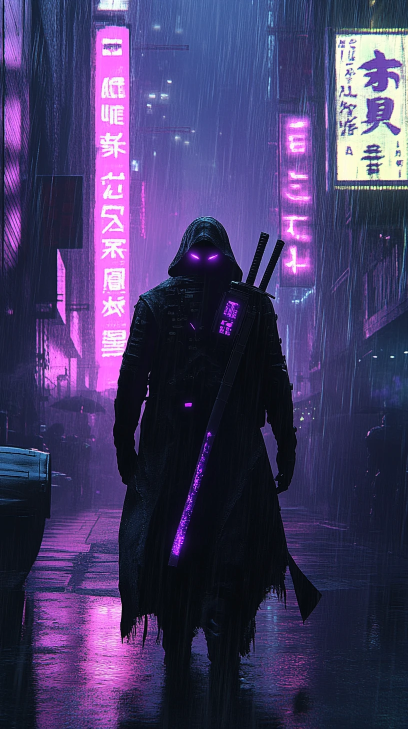Cyberpunk ninja with katana in rainy neon city