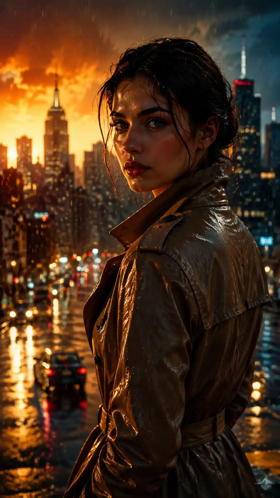 Young woman in trench coat at rainy sunset city street