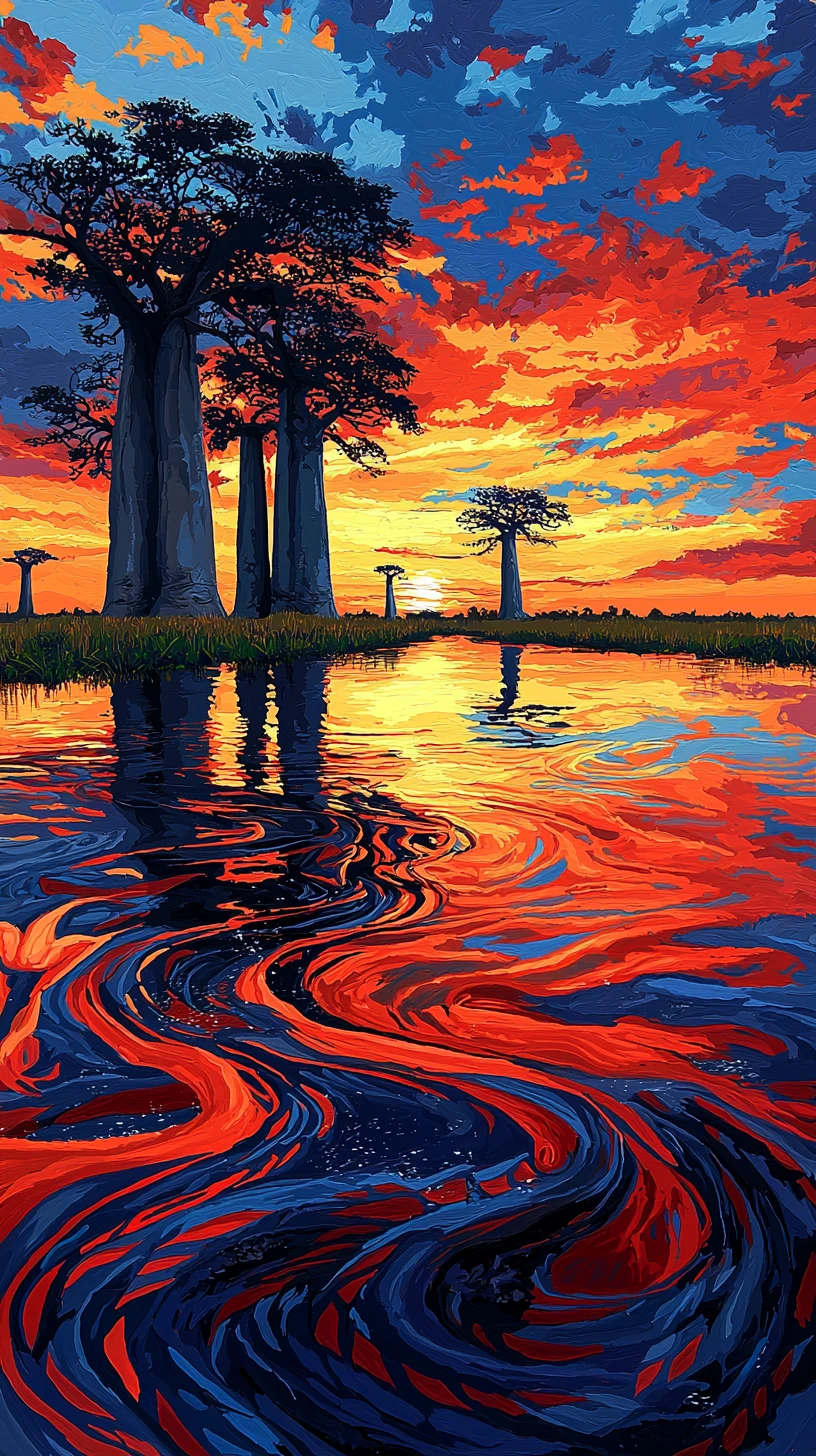 Baobab tree avenue in Madagascar at warm sunset light