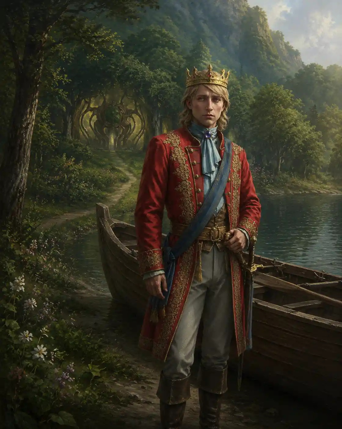 Young crowned man in a red coat on a forest lake