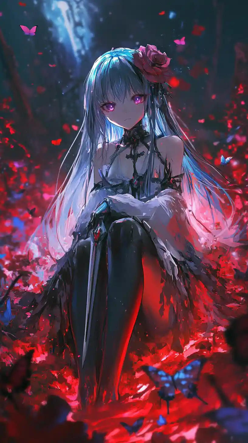 Anime girl lying in lava beneath a dark red moonlit sky