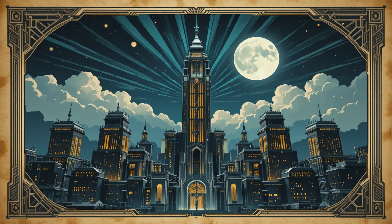 Dramatic Art Deco night city skyline with towering skyscrapers