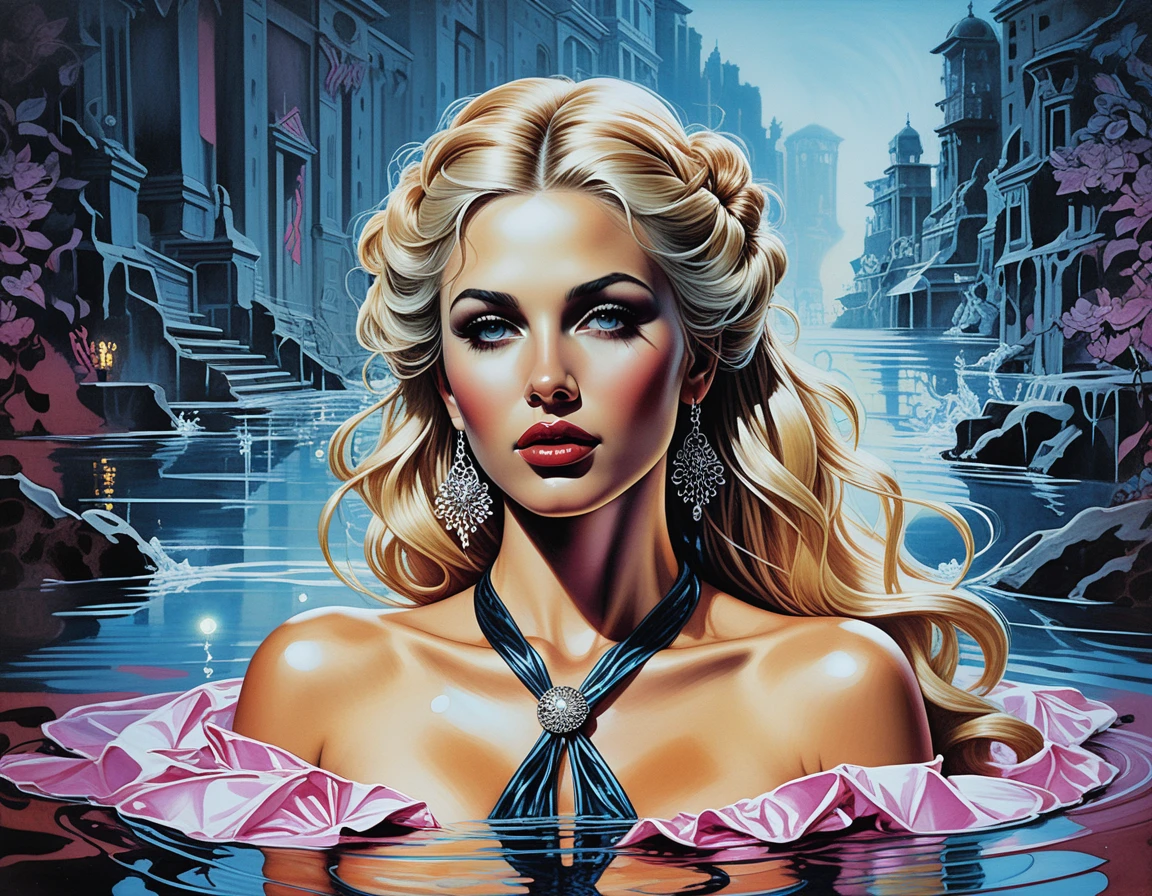 Sensual blonde water goddess emerging from glowing waves