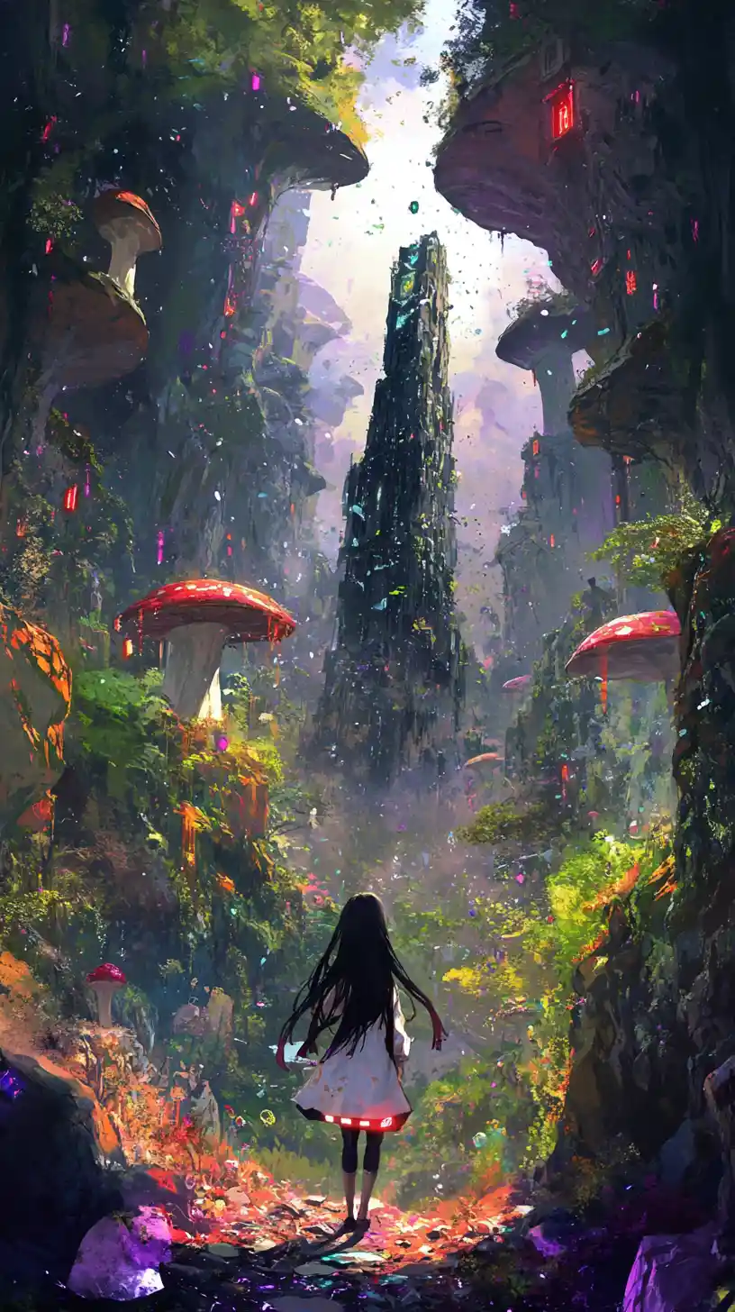 Anime girl watching a shattered world in fantasy forest