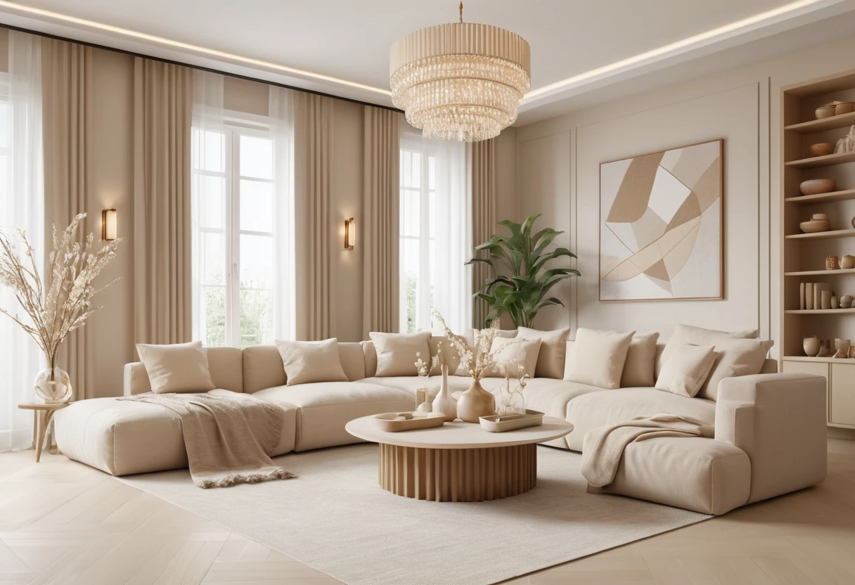 Minimal japandi living room with beige decorative accessories