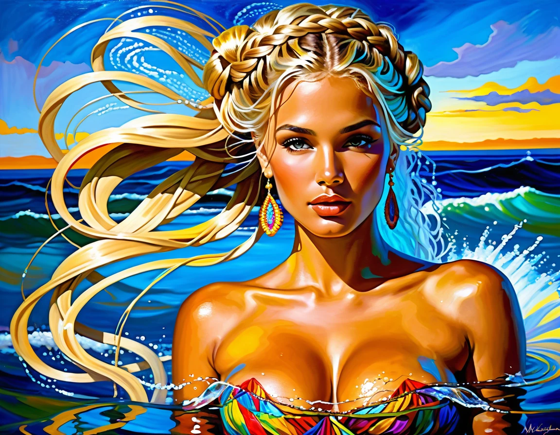 Ethereal blonde water goddess in ecstatic full body pose