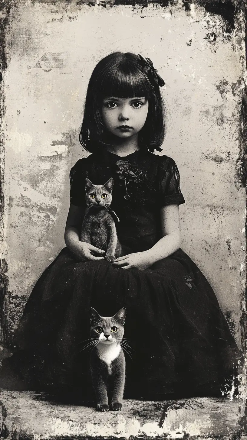 Seated girl beside her doll double in surreal scene