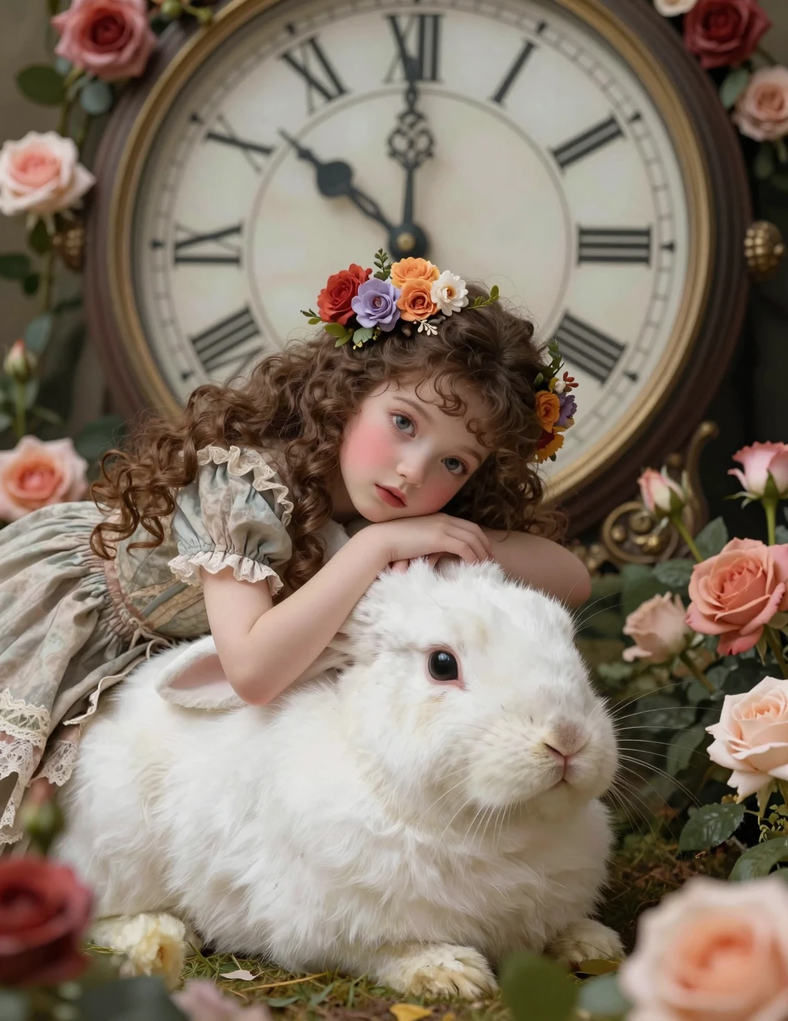 Whimsical girl resting on a white rabbit with flowers