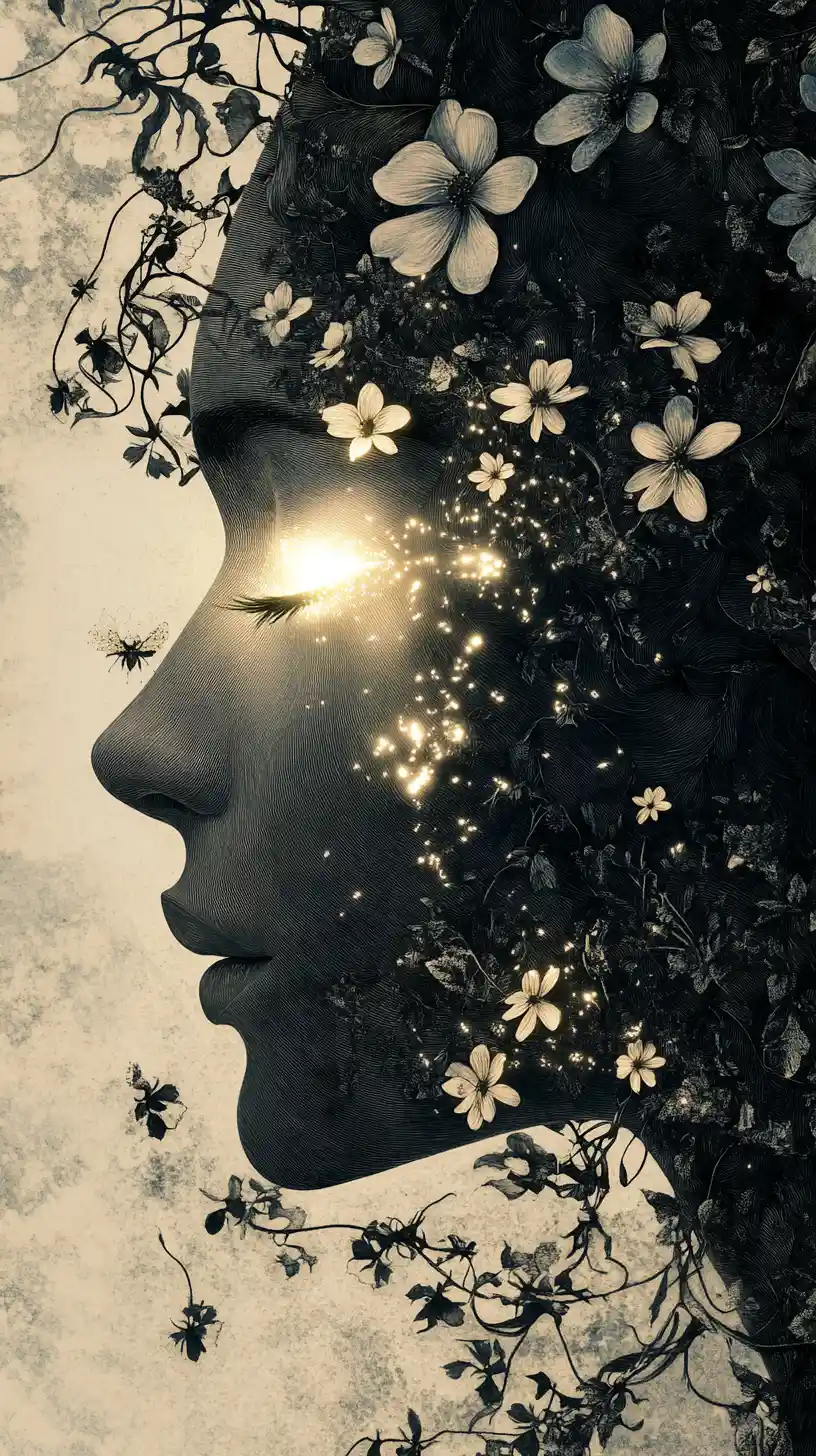 Human head silhouette blooming into a magical garden