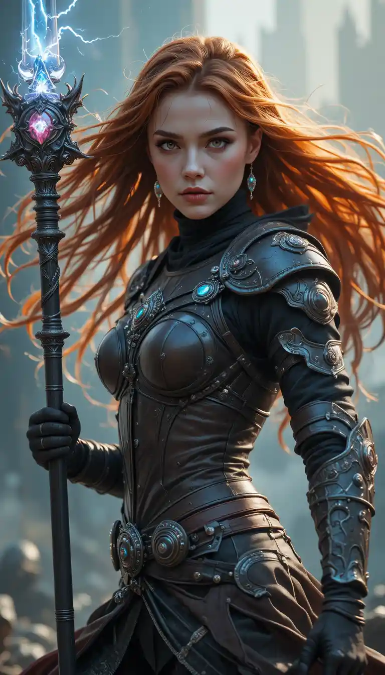 Female warrior with crystal sword and storming staff