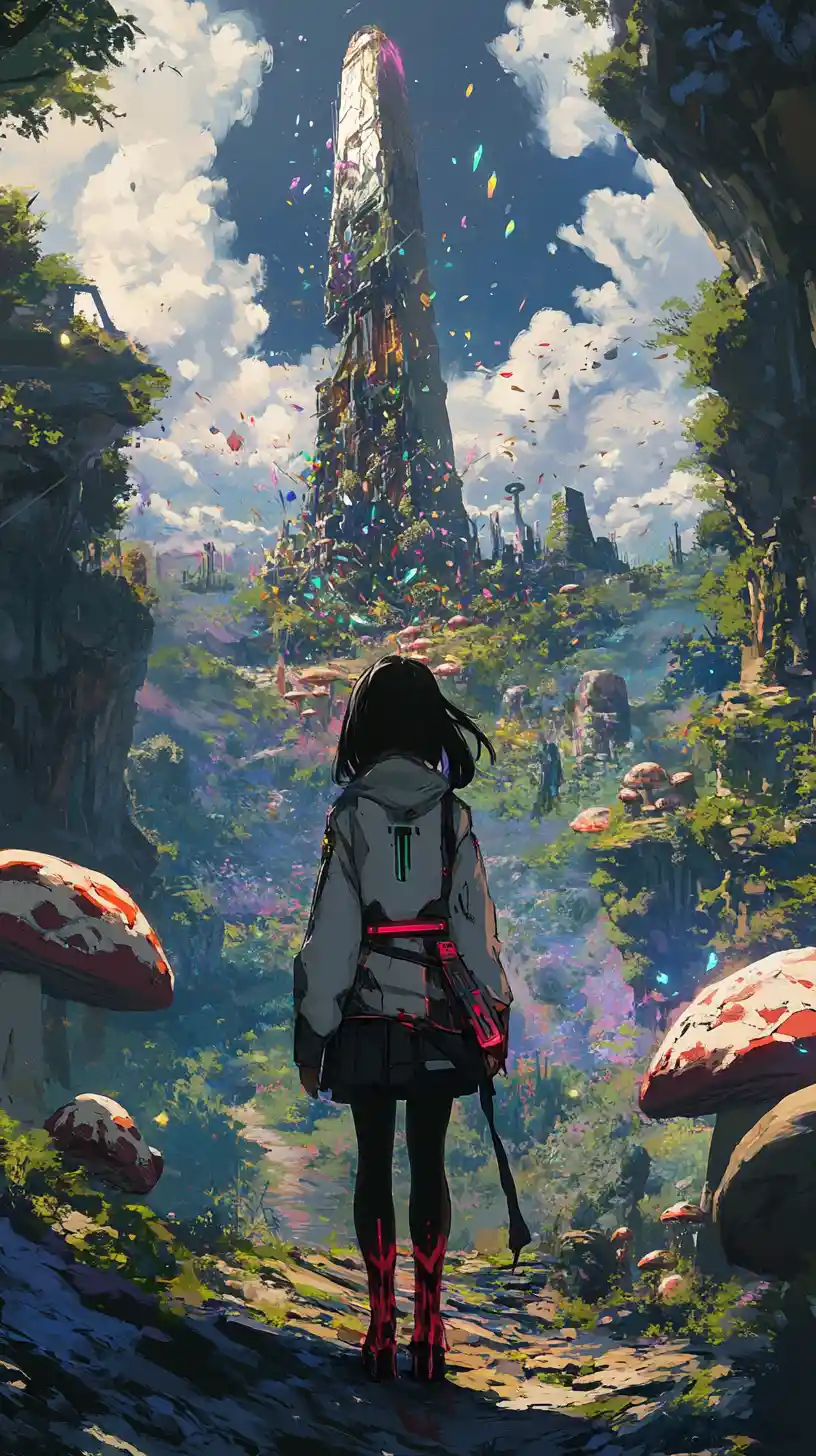 Anime girl in shattered fantasy forest at sunrise