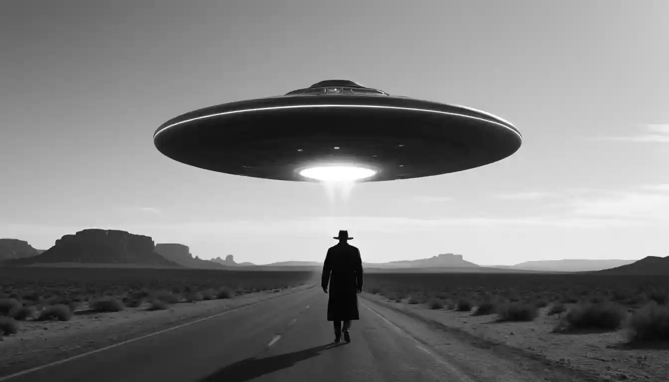 Vintage black and white ufo abduction over dark void