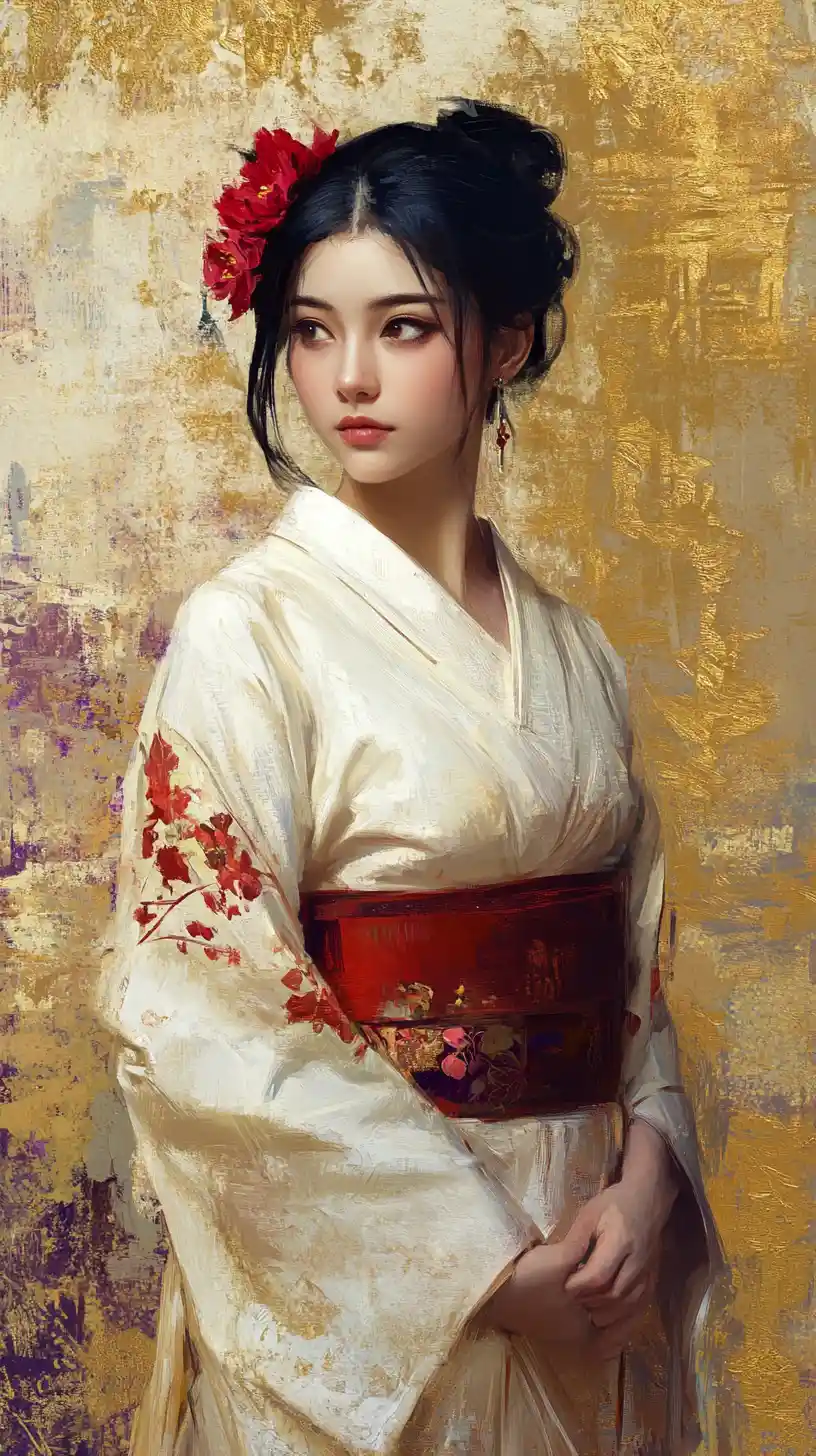 Elegant East Asian girl in white and gold kimono portrait