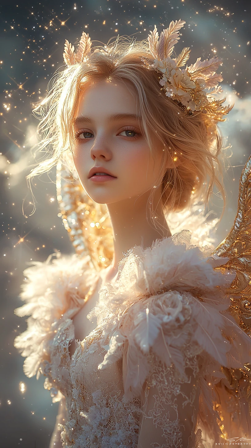 Ethereal angel woman with golden wings in heavenly light