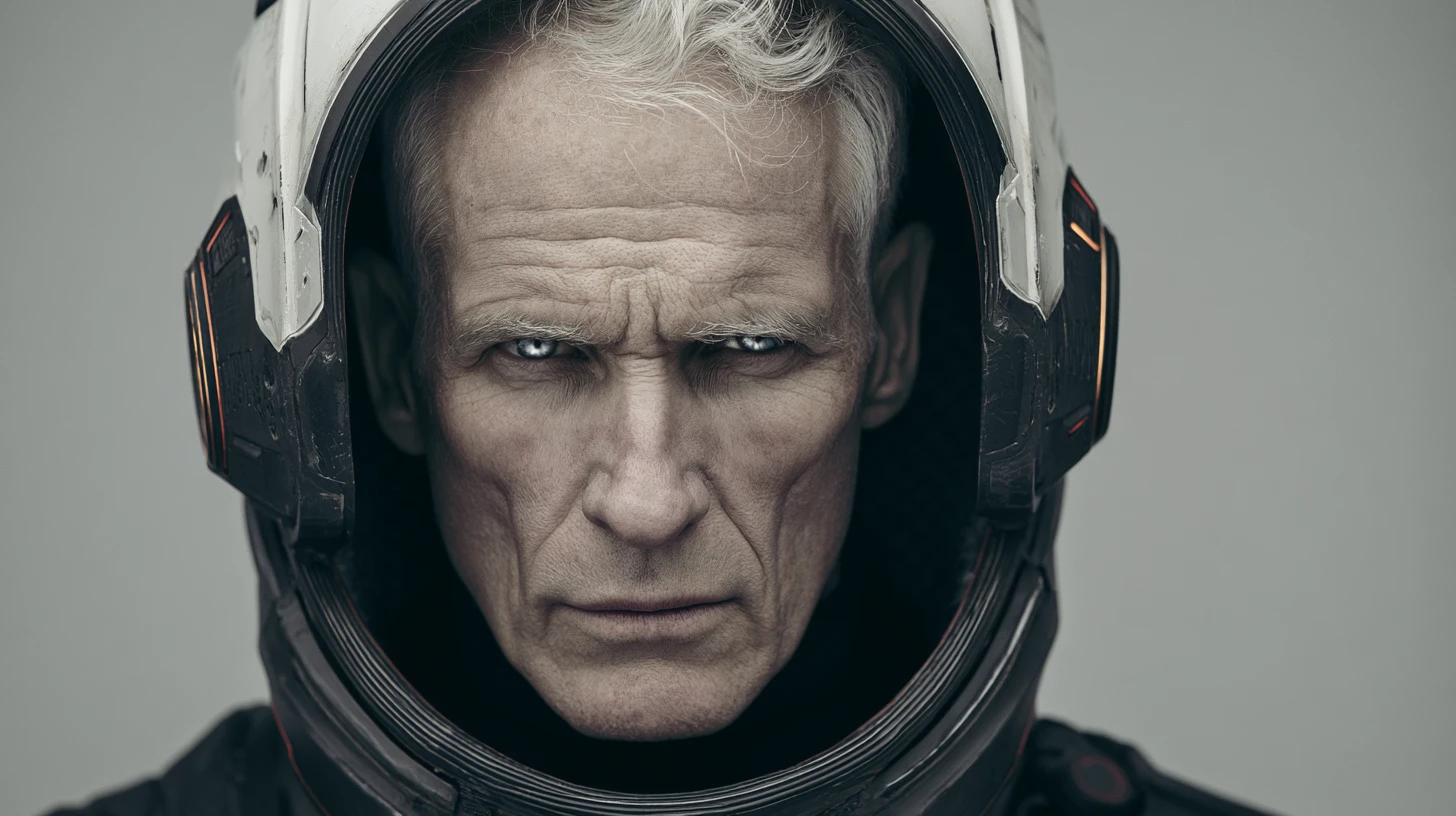 Cinematic portrait of an older cyborg man in a space helmet