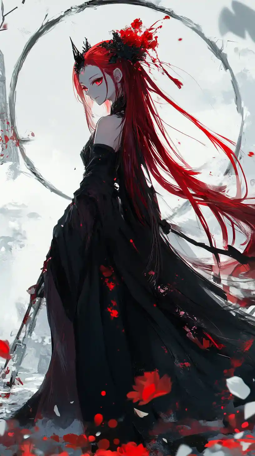 Crimson haired anime girl in regal dress and crown